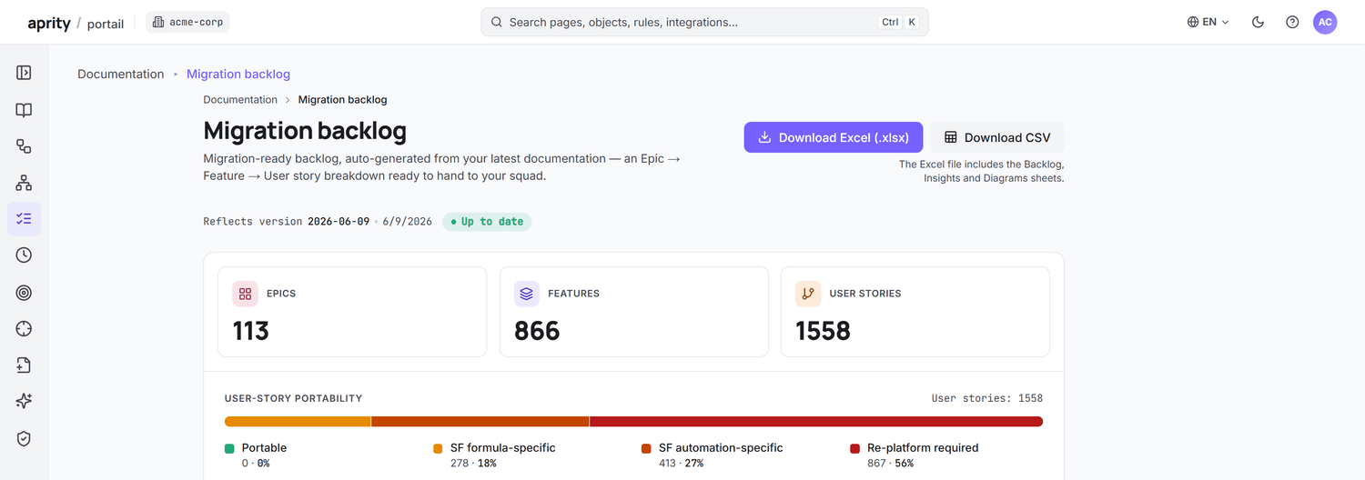 Migration backlog — Excel/CSV